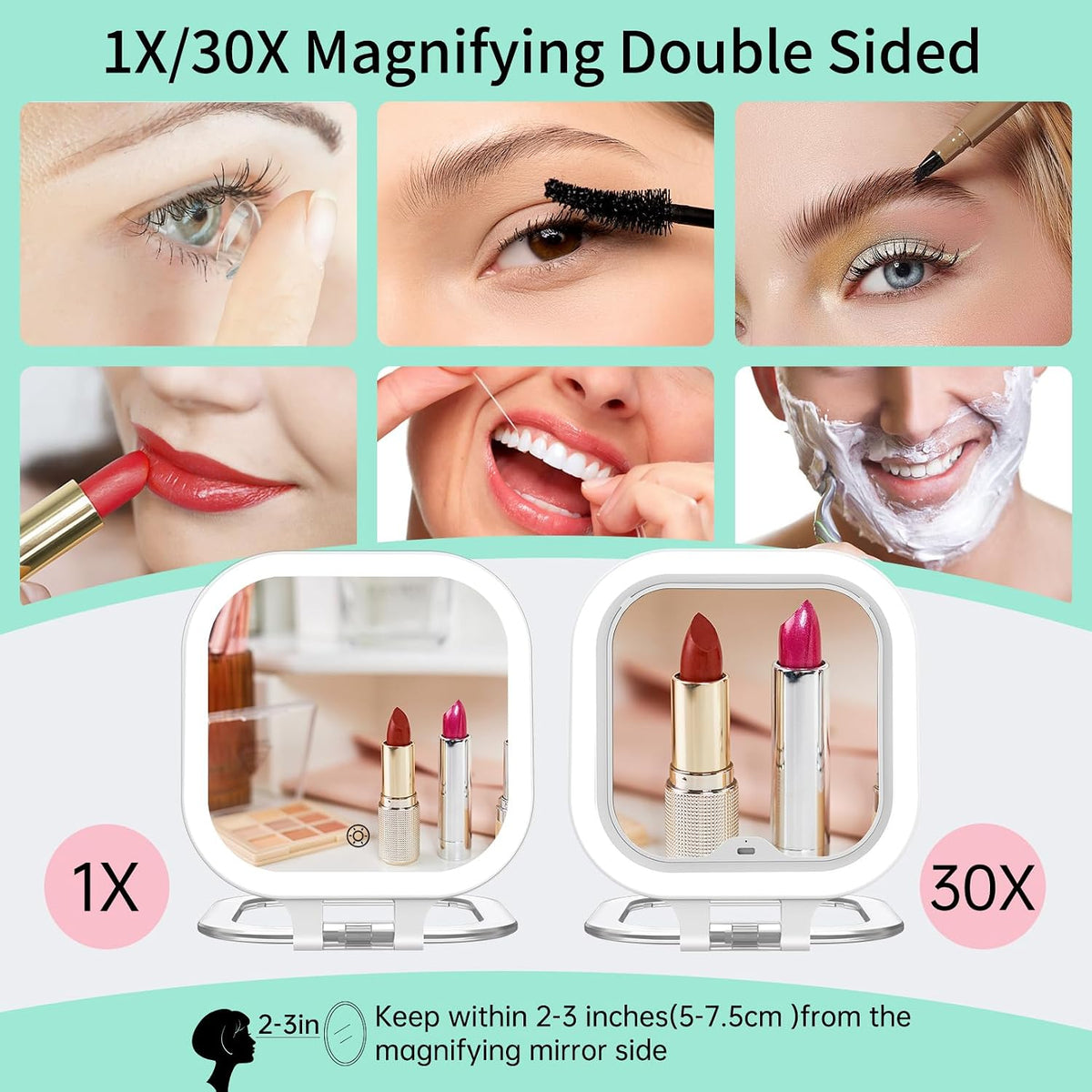 FASCINATE 7" Rechargeable Travel Makeup Mirror 30X Magnification (White)