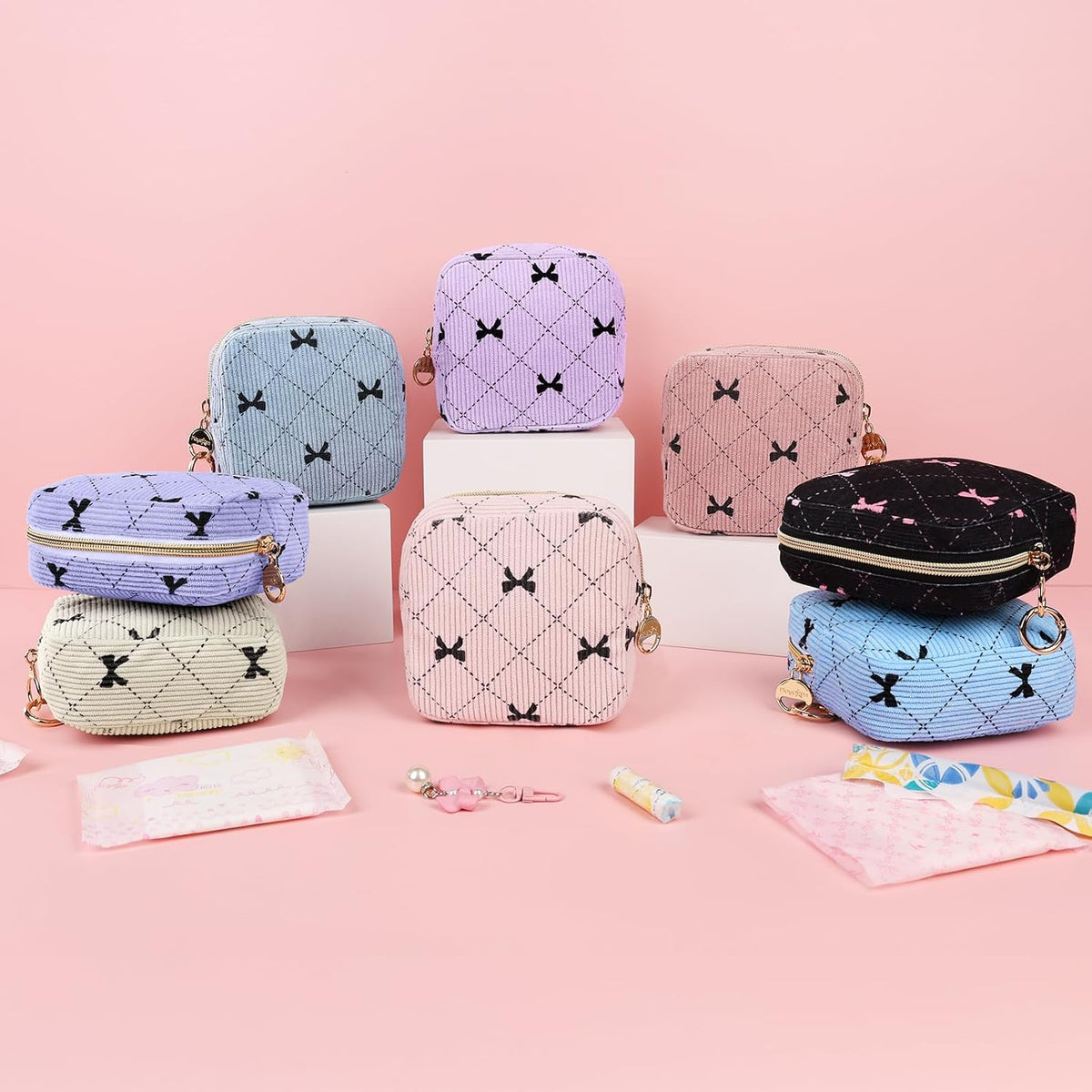 Period Bag for Teen Girls, Corduroy Sanitary Napkin Pouch, B-DPink