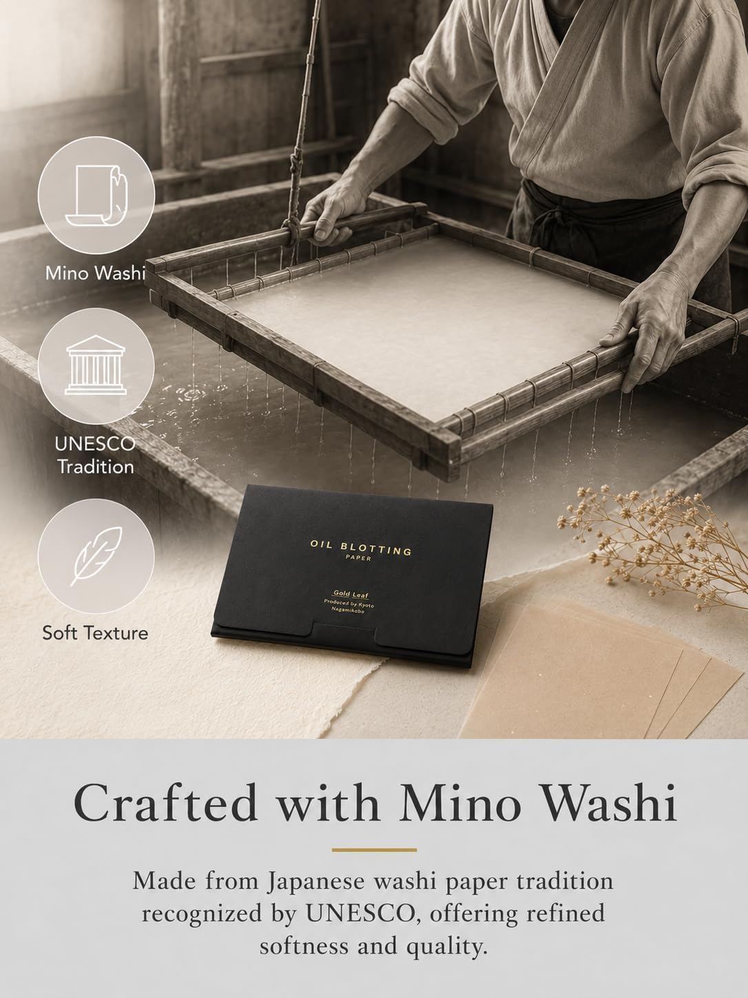 Gold Leaf Look Oil Blotting Paper, 100 Sheets, Made in Japan Aburatorigami, Premium Japanese Face Oil Absorbing Sheets for Oily Skin, Black Gold Foil Package