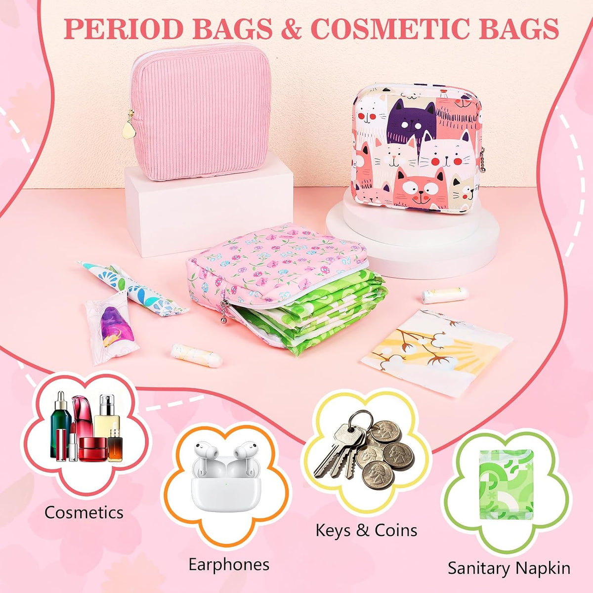 2PCS Period Bag, Small Period Pouches for Women (Floral)