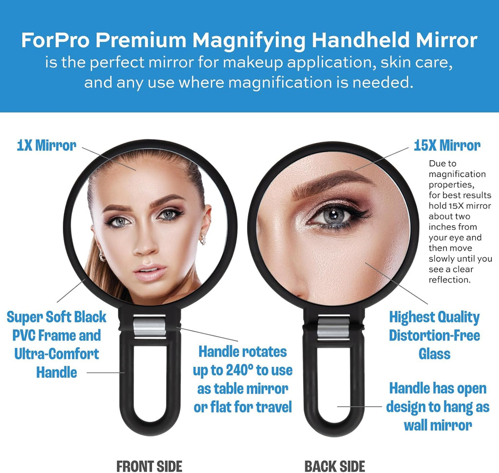 ForPro Magnifying Hand Mirror, 1X/15X Magnification, Folding Handle, Black