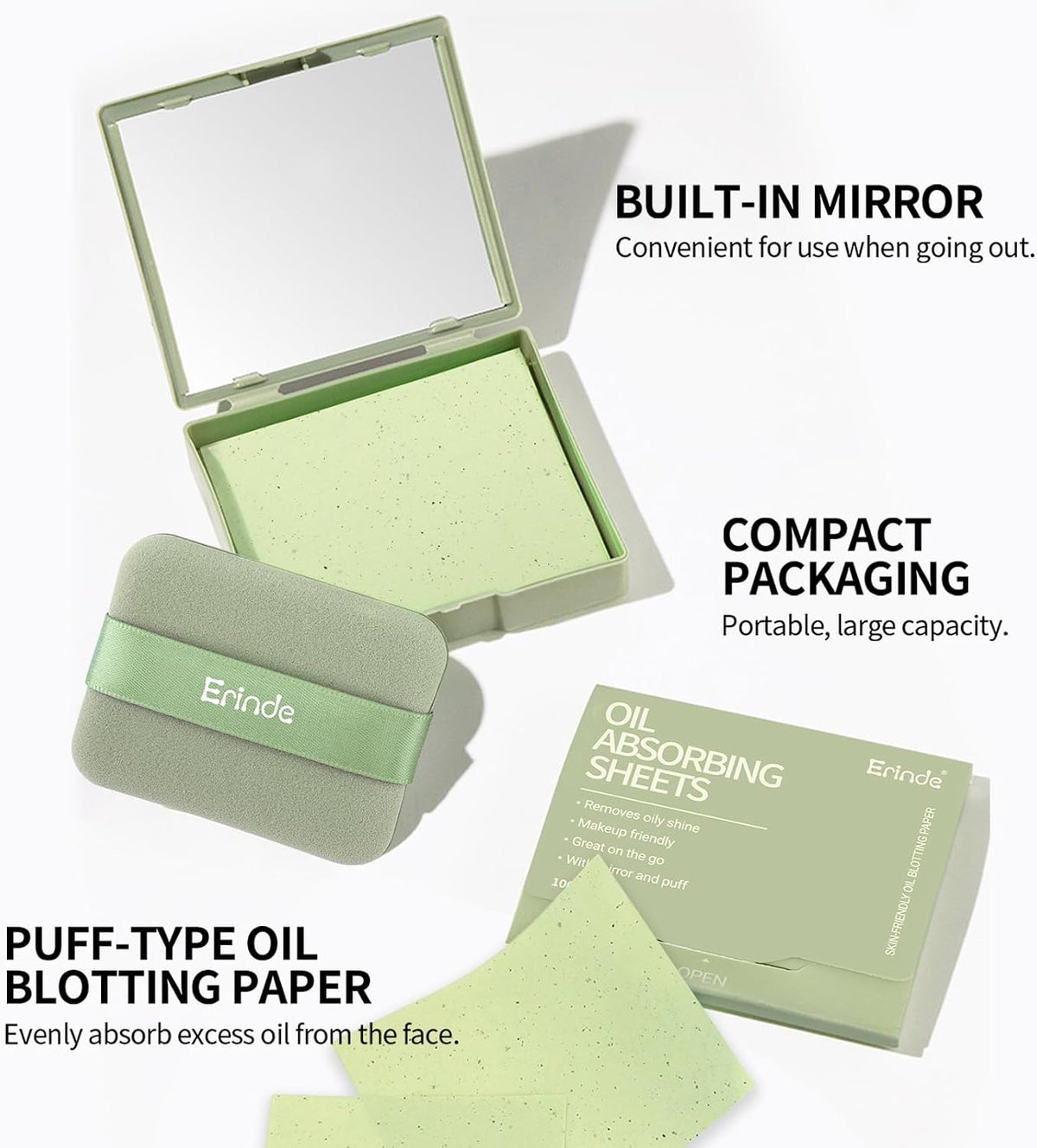 Erinde Oil Blotting Sheets for Face with Mirror and Puff, 300 Sheets Oil Blotting Paper for Oily Skin, Face Oil Absorbing Sheet, Natural Oil Control Film, Absorb Excess Oil, Makeup Friendly