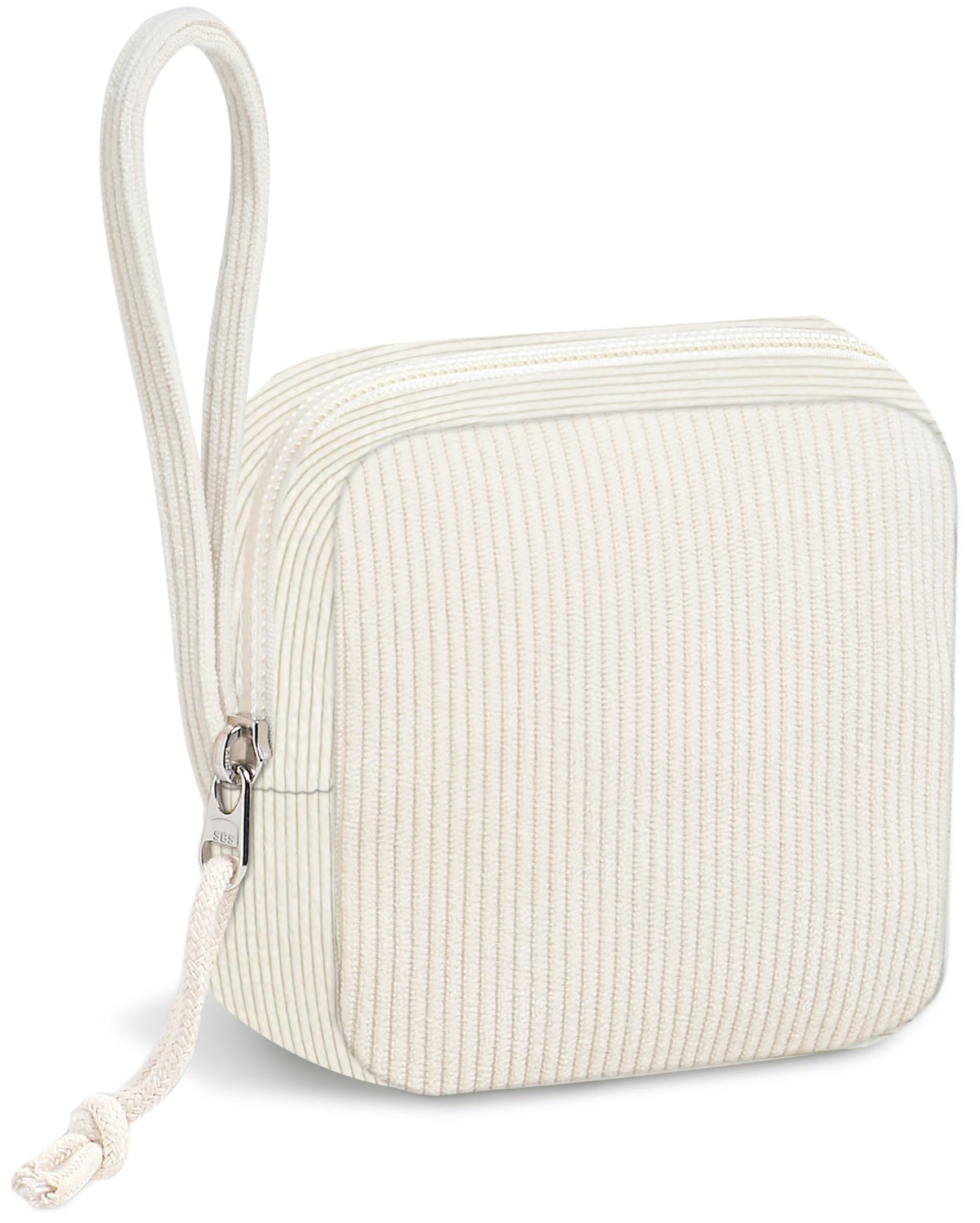 Corduroy Period Pouch for Women, Cute Sanitary Pad Pouch with Zipper, Portable Tampon Holder for Purse, Sanitary Napkin Storage Bag for Travel (Stripes Brown White)