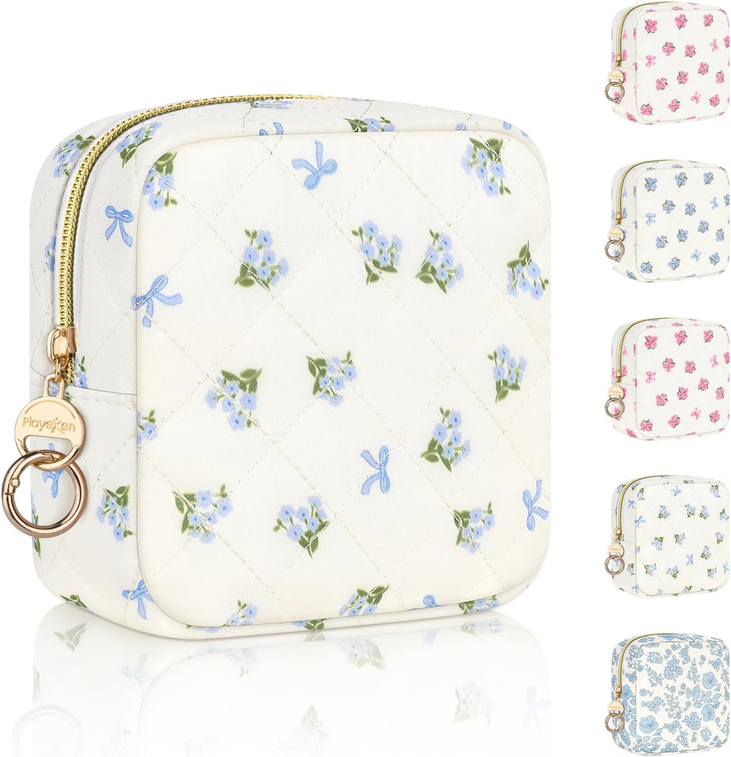 Floral Period Bag, Small Period Pouches for Teen Girls, Quilted Sanitary Napkin Storage Bag, Compact Discreet Pad and Tampon Holder for Purse (Floral-Blue)
