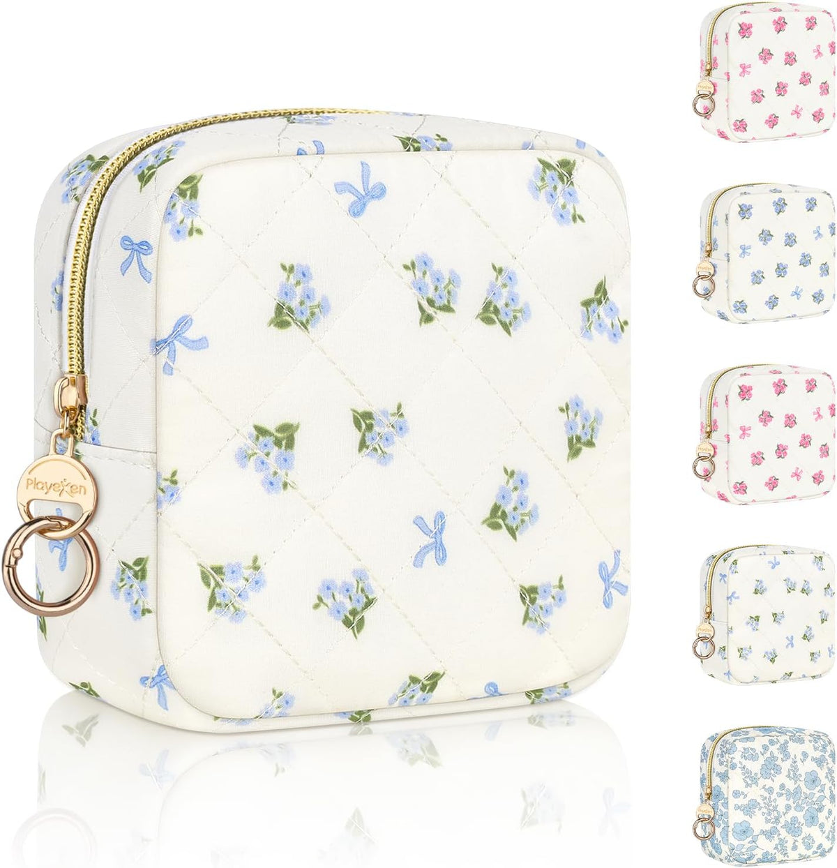 Floral Period Bag, Small Period Pouches for Teen Girls, Quilted Sanitary Napkin Storage Bag, Compact Discreet Pad and Tampon Holder for Purse (Floral-Blue)