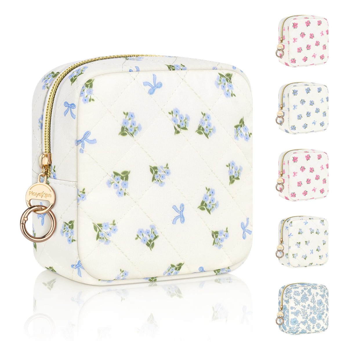 Floral Period Bag, Small Period Pouches for Teen Girls, Quilted Sanitary Napkin Storage Bag, Compact Discreet Pad and Tampon Holder for Purse (Floral-Blue)
