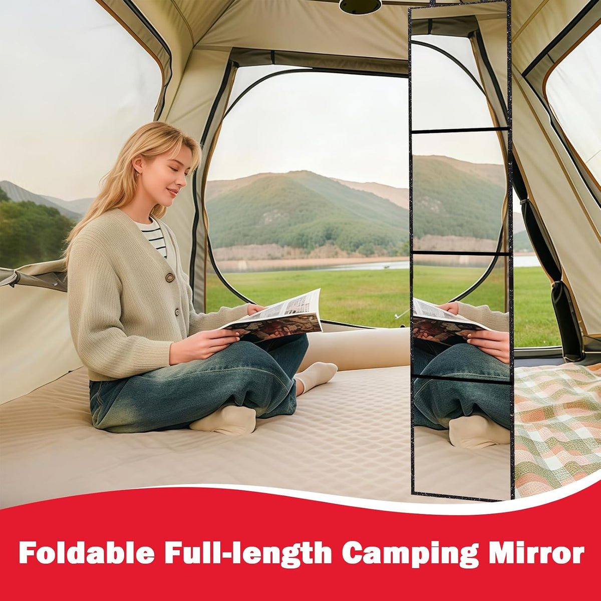 Foldable Acrylic Full Length Mirror with Handle, Black, Four-Fold