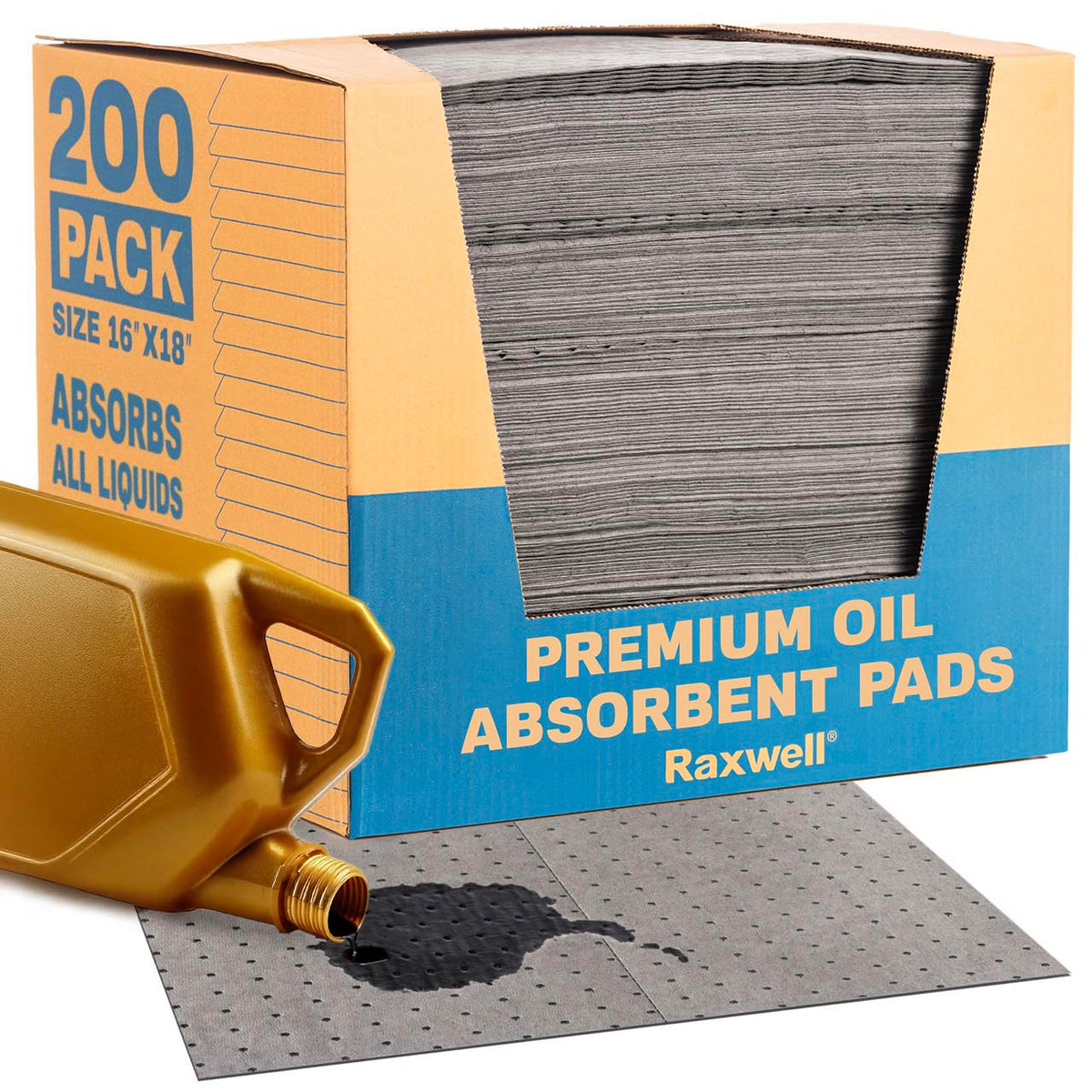Raxwell Oil Absorbent Pads 200 Pack – 16” x 18” Heavy-Duty Spill Pads, 8-Layer Polypropylene, Dimpled & Perforated Universal Absorbent Sheets - Garage Floor Mat for Oil, Coolant, Water & Chemicals