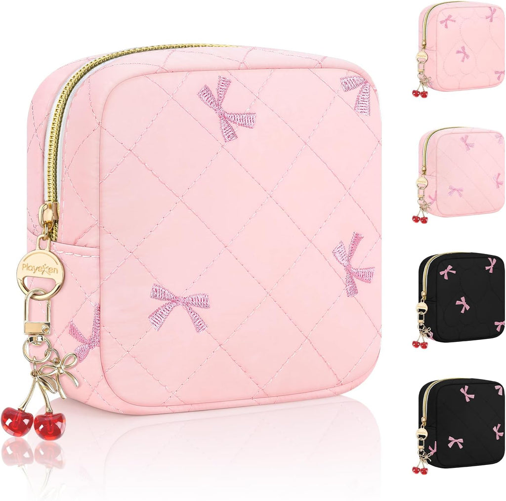 Quilted Period Bag with Cherry Keychain, Small Period Pouches for Teen Girls, Cute Sanitary Napkin Storage Bag, Bow Compact Discreet Pad and Tampon Holder for Purse (Plaid-Pink)