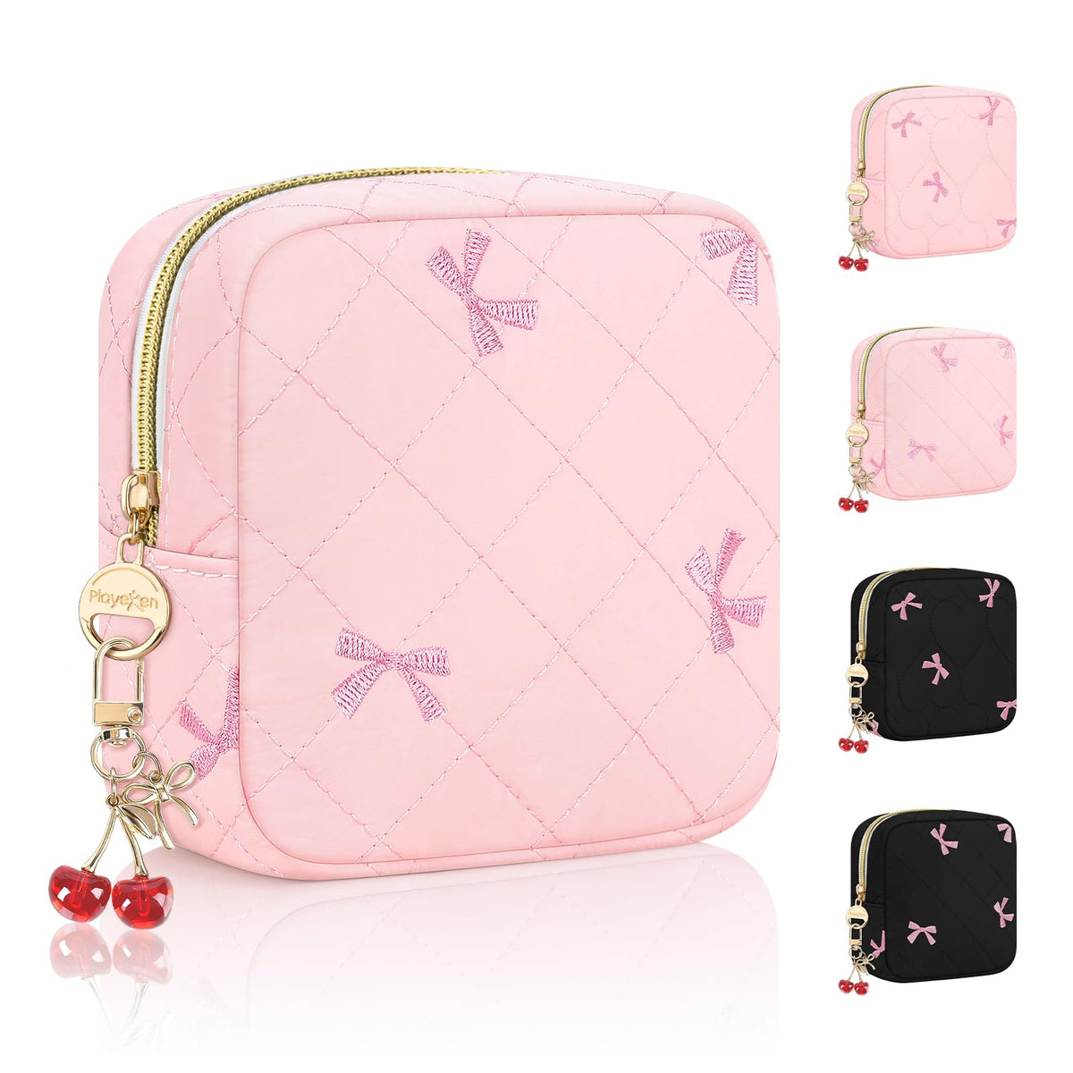 Quilted Period Bag with Cherry Keychain, Small Period Pouches for Teen Girls, Cute Sanitary Napkin Storage Bag, Bow Compact Discreet Pad and Tampon Holder for Purse (Plaid-Pink)