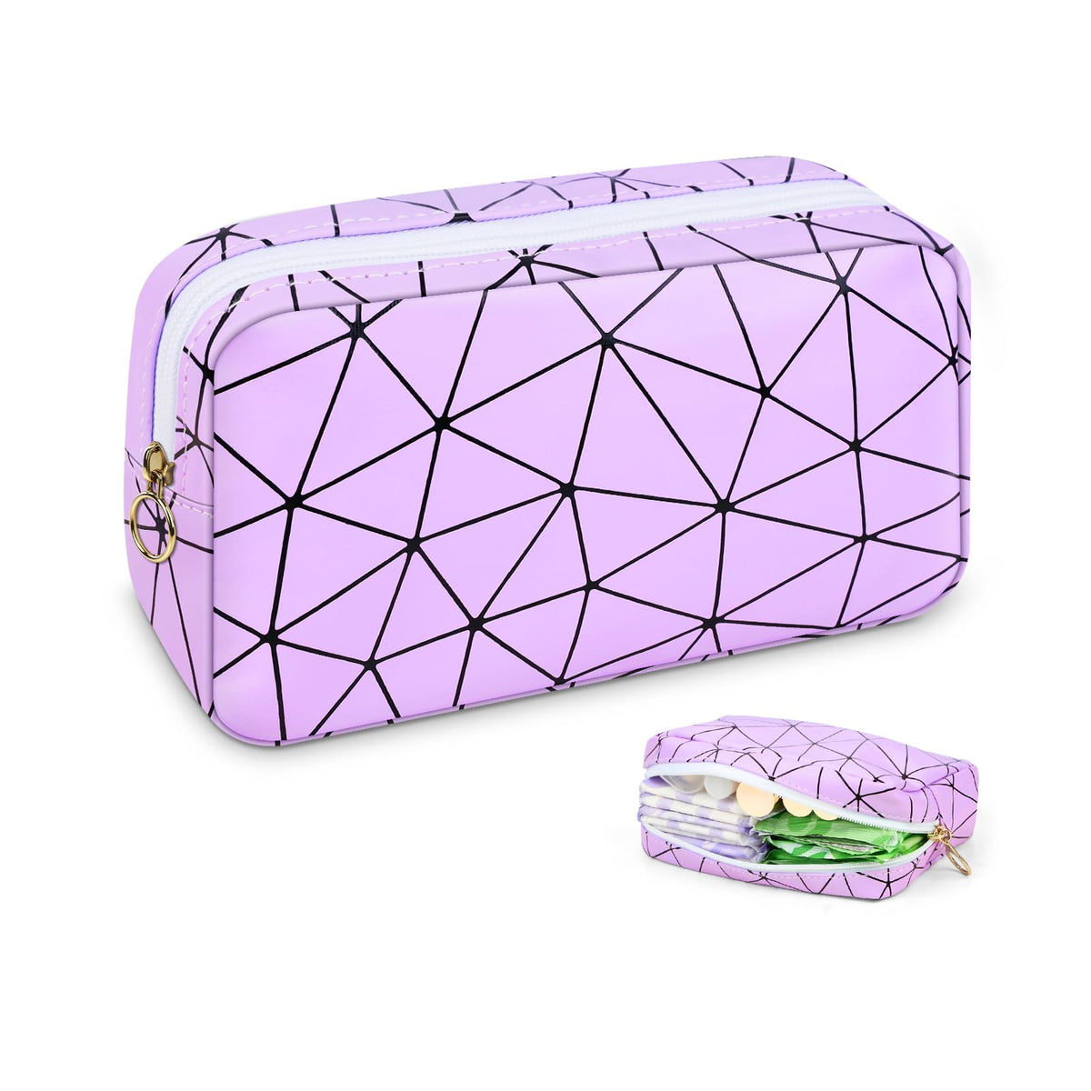 Discreet Period Bag Waterproof Geometric PU Sanitary Napkin Storage Bag Portable Menstrual Pad Pouch Cute Tampon Bag for Purse Small Makeup Bag S-Pink