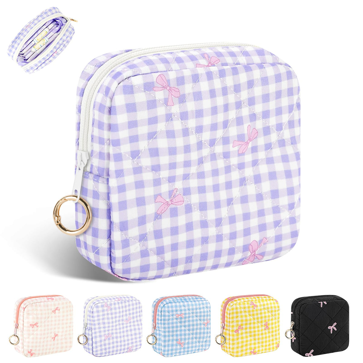 Period Bag for Teen Girls, Quilted Sanitary Napkin Storage Bag, Cute Bow Tie Menstrual Pad Pouch Tampon Holder (Plaid Pink)