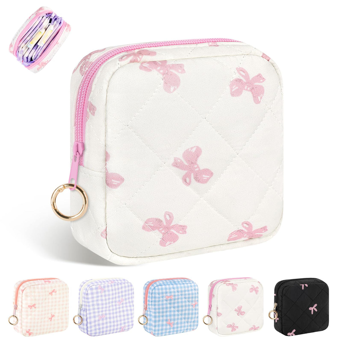 Period Bag for Teen Girls, Quilted Sanitary Napkin Storage Bag, Cute Bow Tie Menstrual Pad Pouch Tampon Holder (Plaid Pink)