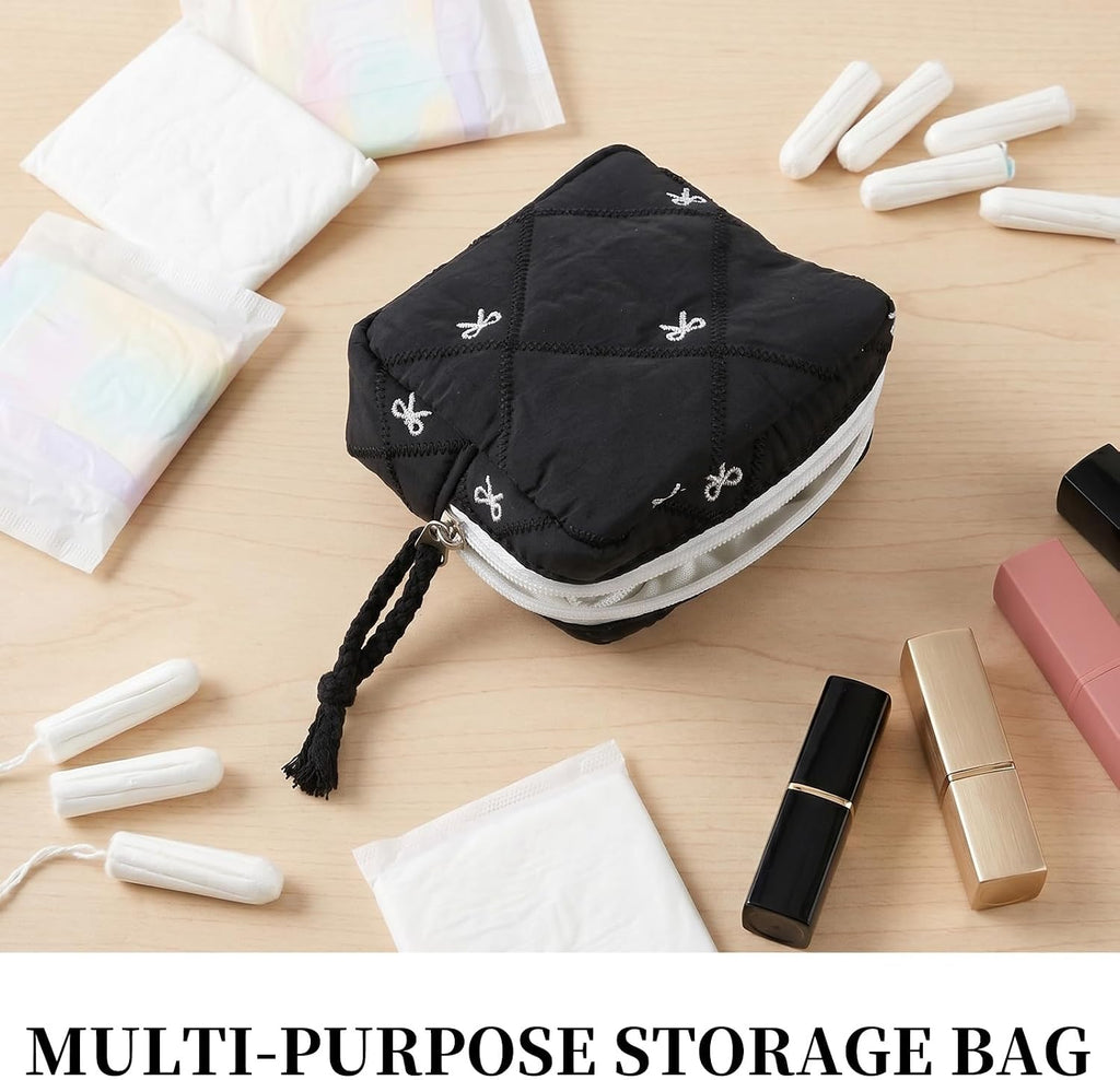 Grevosea Period Bag for Teen Girls, Cute Bow Period Pouch Sanitary Pad Pouch Storage Bag Tampon Holder for Purse Teen Period Kit Gifts (Black)