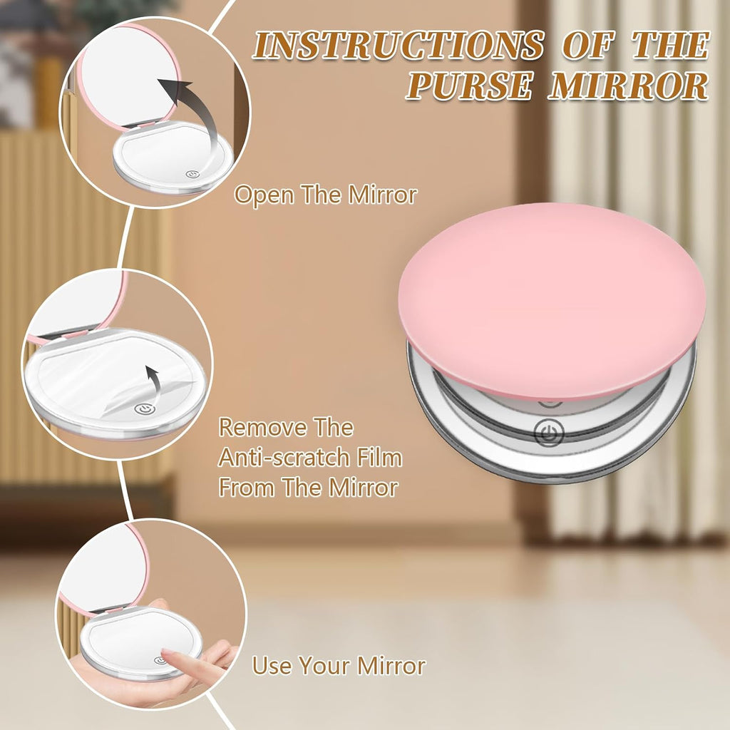Pink Compact Mirror with Light, 1X/3X Magnification LED Pocket Mirror