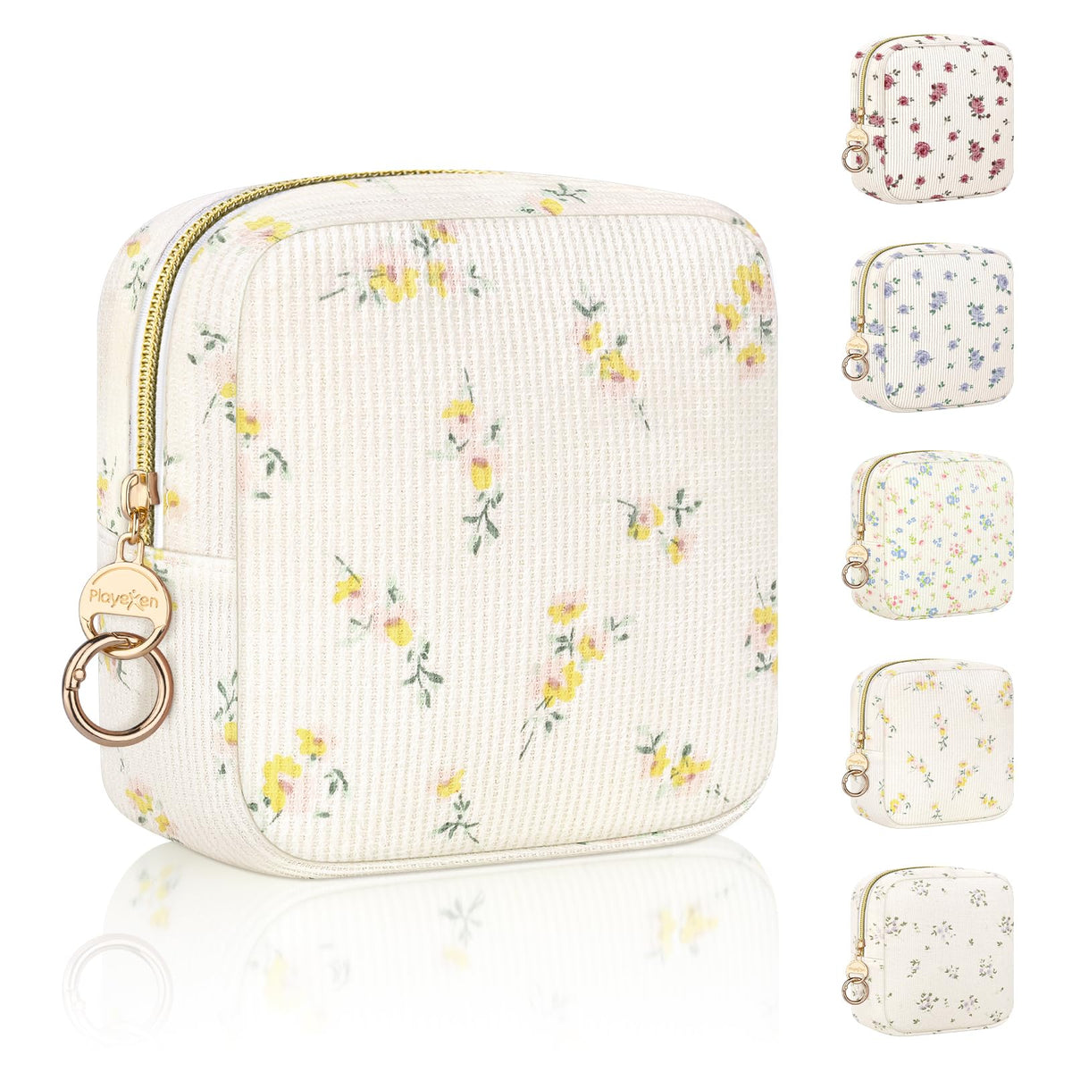 Floral Period Bag, Small Period Pouches for Teen Girls, Quilted Sanitary Napkin Storage Bag, Compact Discreet Pad and Tampon Holder for Purse (Floral-Blue)