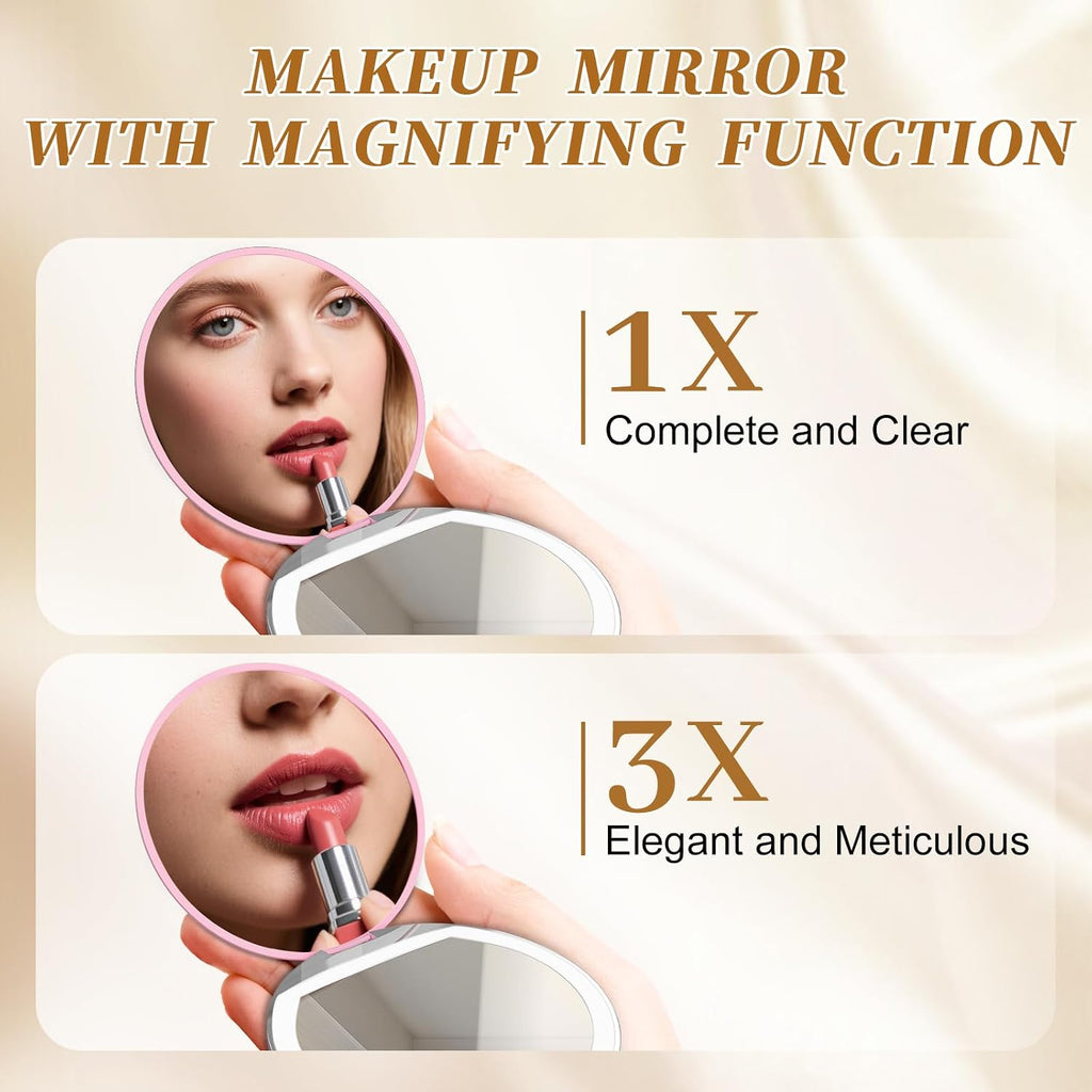 Pink Compact Mirror with Light, 1X/3X Magnification LED Pocket Mirror