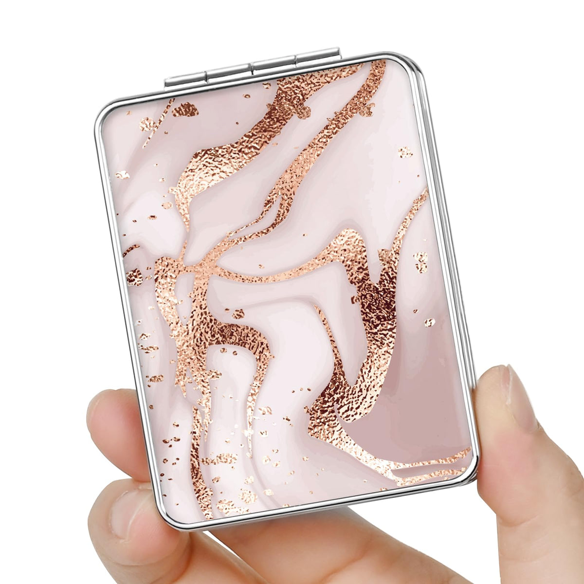 Pocket Mirror, Small Travel Mirror with Magnification, Portable Double-Sided Magnifying Cosmetic Mirror for Daily (Pink Marble)