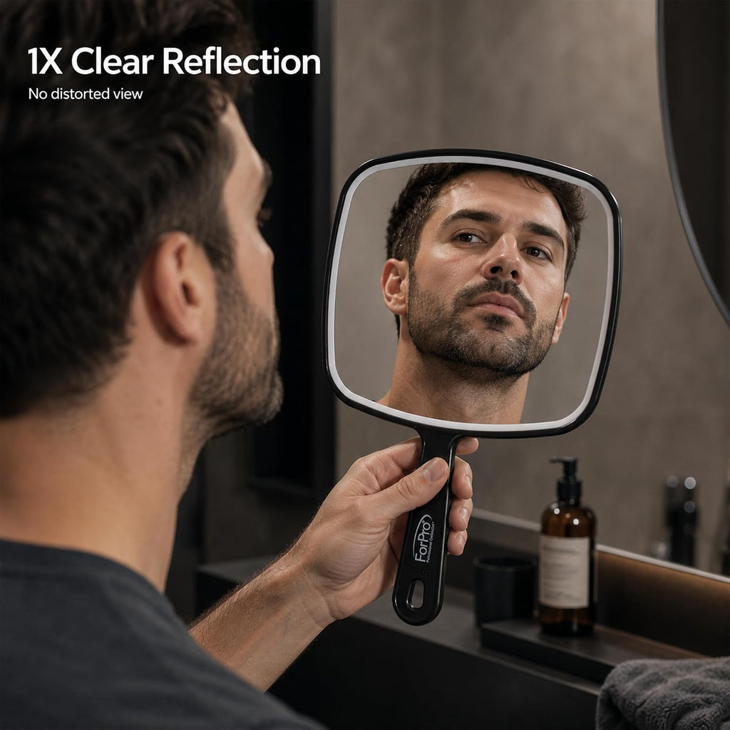 ForPro 9.6" L x 6.3" W Premium Hand Mirror w/Handle for Home & Salon, Black