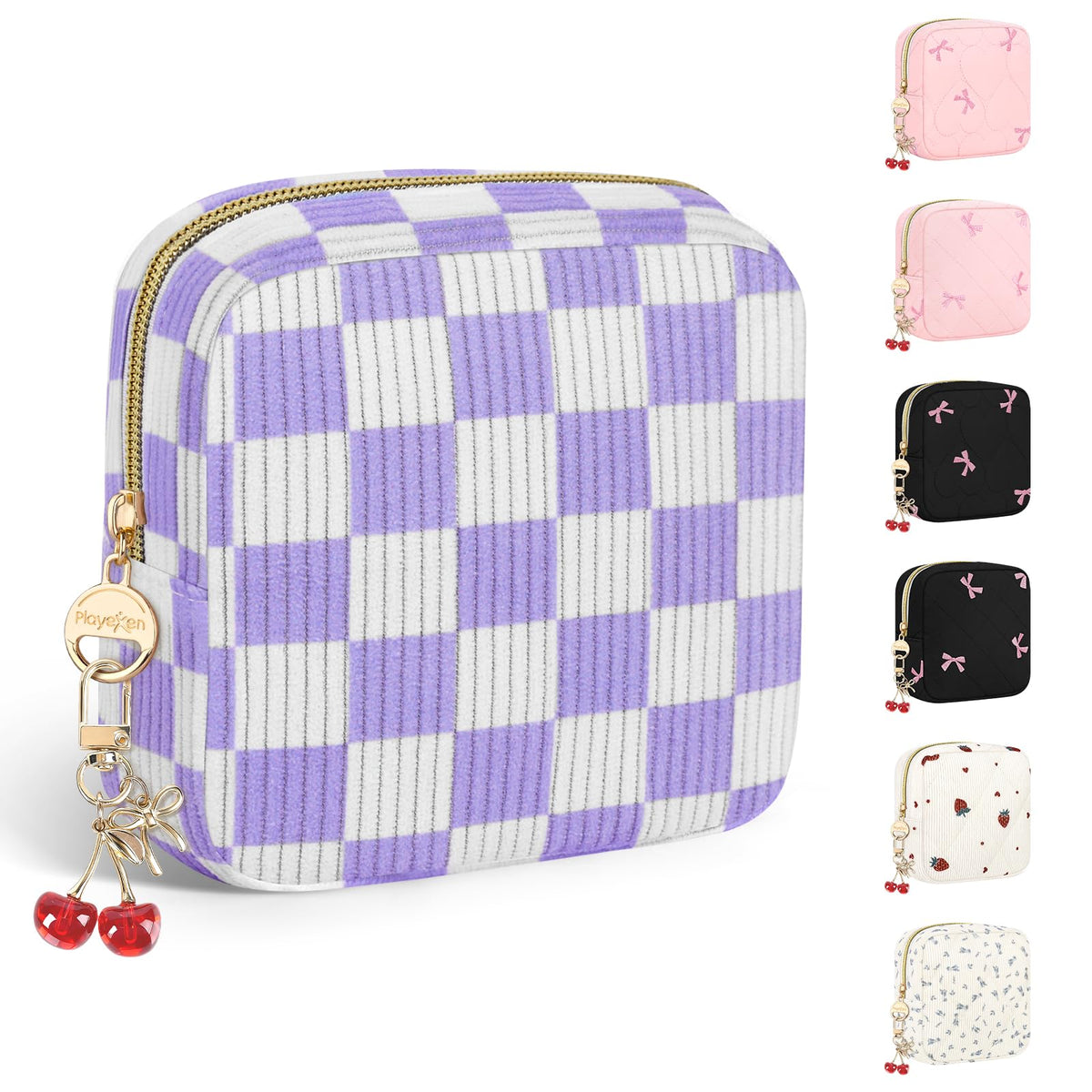 Period Bag with Cherry Keychain, Small Period Pouches for Teen Girls, Cute Sanitary Napkin Storage Bag, Cherry Compact Discreet Pad and Tampon Holder for Purse (Corduroy-Black)