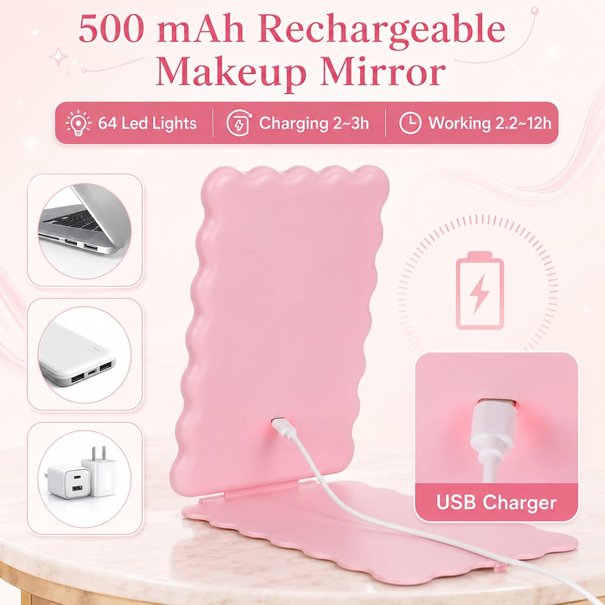 8.3 x 5.3 in Scalloped Makeup Mirror with Lights 500mah Battery