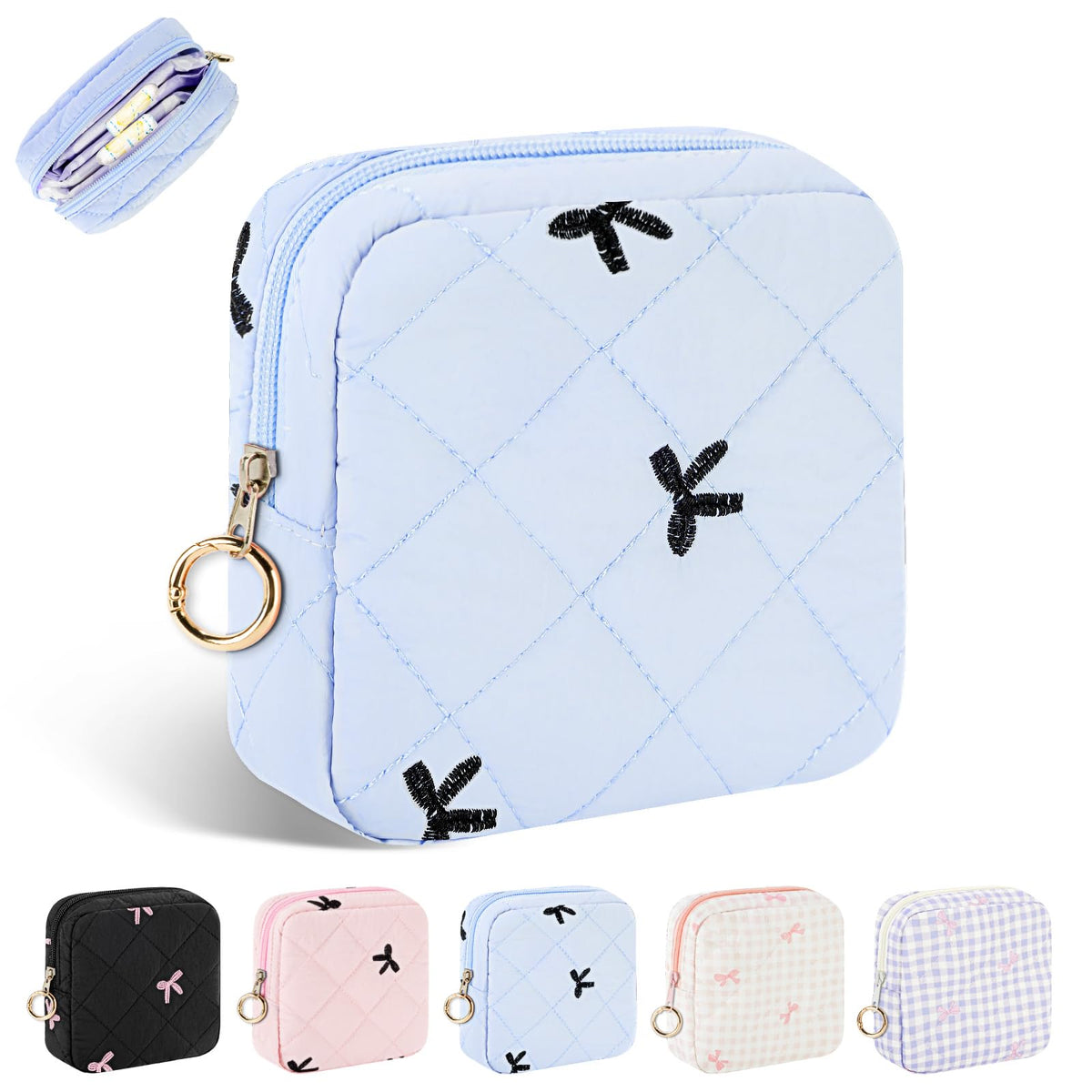 Period Bag for Teen Girls, Quilted Sanitary Napkin Storage Bag, Cute Bow Tie Menstrual Pad Pouch Tampon Holder (Plaid Pink)