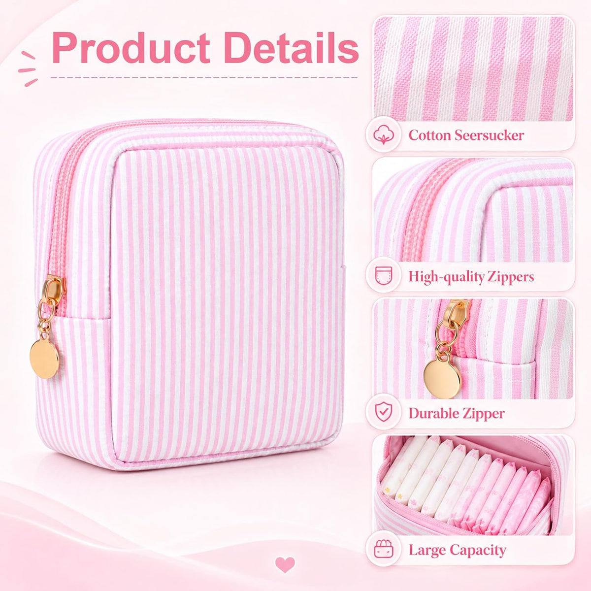 Pink Period Pouch, Sanitary Napkin Pouch for Pads, Tampons, Panty Liners