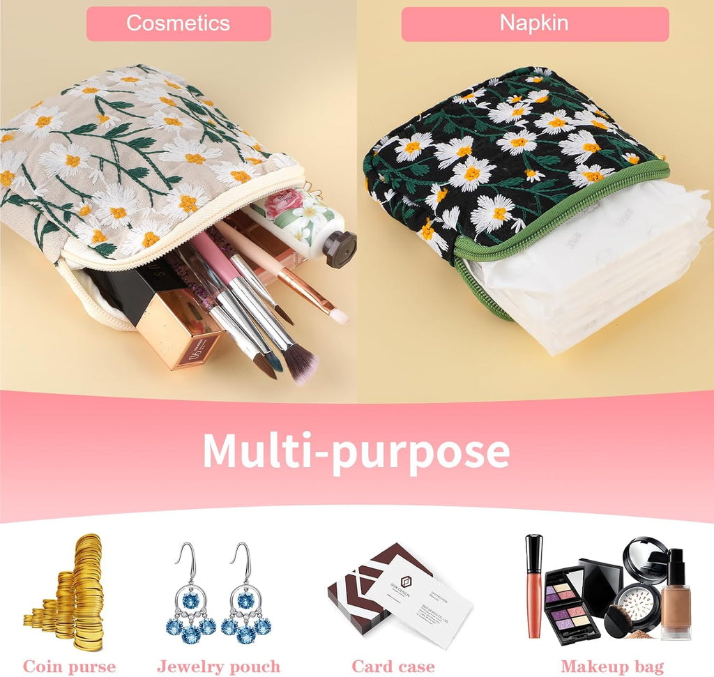 TIESOME Daisies Sanitary Napkin Storage Bag, 2 Pcs Embroidery Menstrual Cup Pouch Cotton Soft Period Holder Bag Portable Tampon Holder Pad Pouch Period Kit Bag for Women Teen Girls