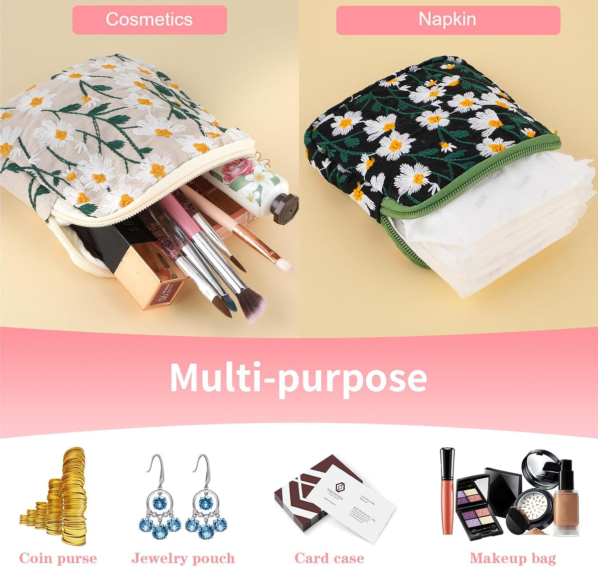 TIESOME Daisies Sanitary Napkin Storage Bag, 2 Pcs Embroidery Menstrual Cup Pouch Cotton Soft Period Holder Bag Portable Tampon Holder Pad Pouch Period Kit Bag for Women Teen Girls