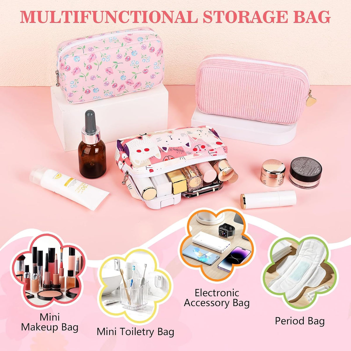 2PCS Period Bag, Small Period Pouches for Women (Floral)