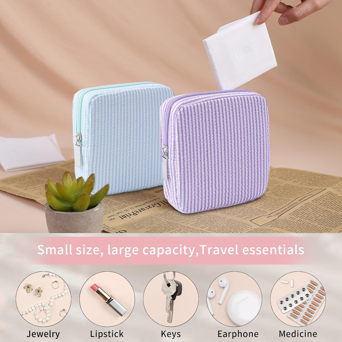 Period Bag for Teen Girls | Striped Sanitary Napkin Storage Bag | Cute Pads Pouch for Period | Menstrual Pouch for Pads, Tampons, Menstrual Cups & Panty Liners | Perfect for Travel & Daily Use