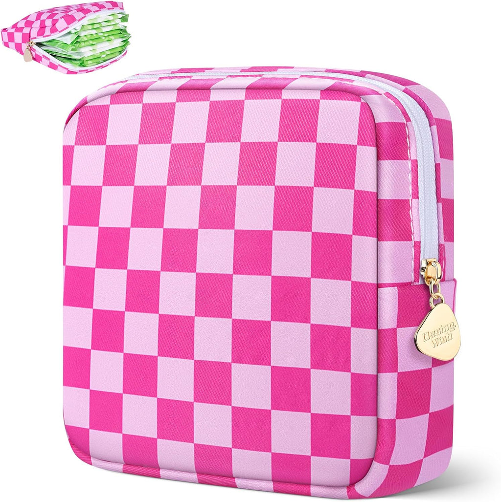 Period Bag Pouch Soft Cloth Sanitary Napkin Storage Bag Portable Menstrual Pad Pouches Tampon Holder for Purse First Period Kit for Girls 9-12 (Rose-Pink Check)