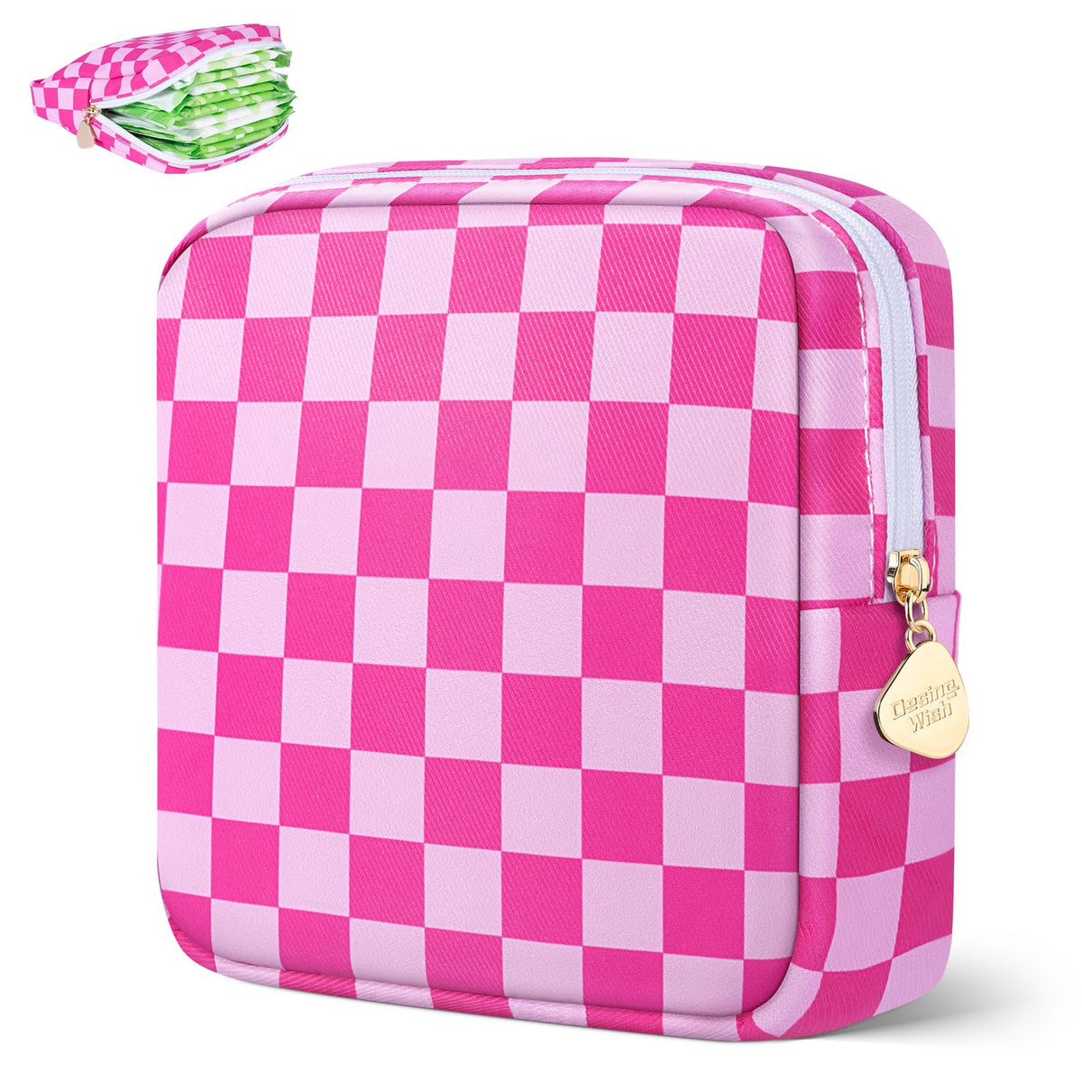 Period Bag Pouch Soft Cloth Sanitary Napkin Storage Bag Portable Menstrual Pad Pouches Tampon Holder for Purse First Period Kit for Girls 9-12 (Rose-Pink Check)