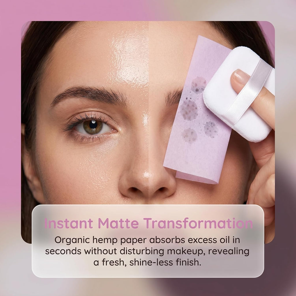 SYNTHORA Oil Blotting Papers for Face, 100 Sheets Oil Absorbing Blotting Paper with Mirror & Puff, Linen Fiber Shine Control Sheets, Makeup Friendly Portable Oil Control for Oily Skin(Purple)