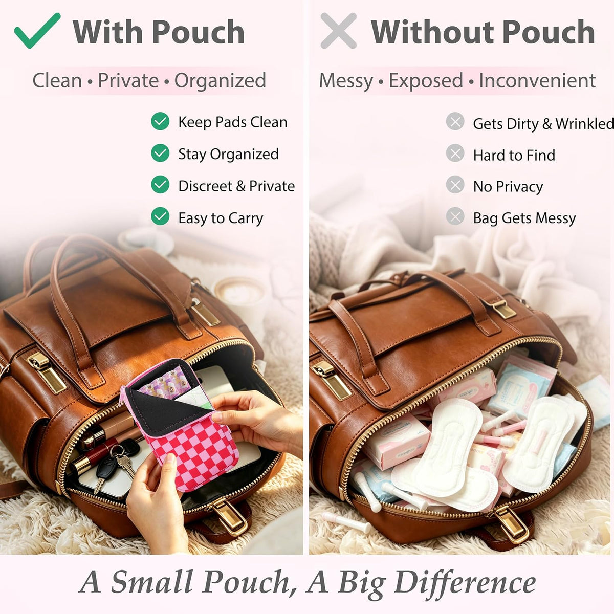 KJQJLY 2 Pack Portable Tampon Organizer Bag Tampon Holder & Storage Case with Zipper for Travel, Discreet Period Bag for Purse, Waterproof Feminine Products Pouch for Women (Checkered)