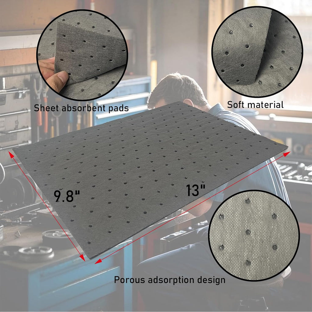 Oil Absorbent Pads, Universal Light Duty Absorbent Mats, 13"x9.8"
