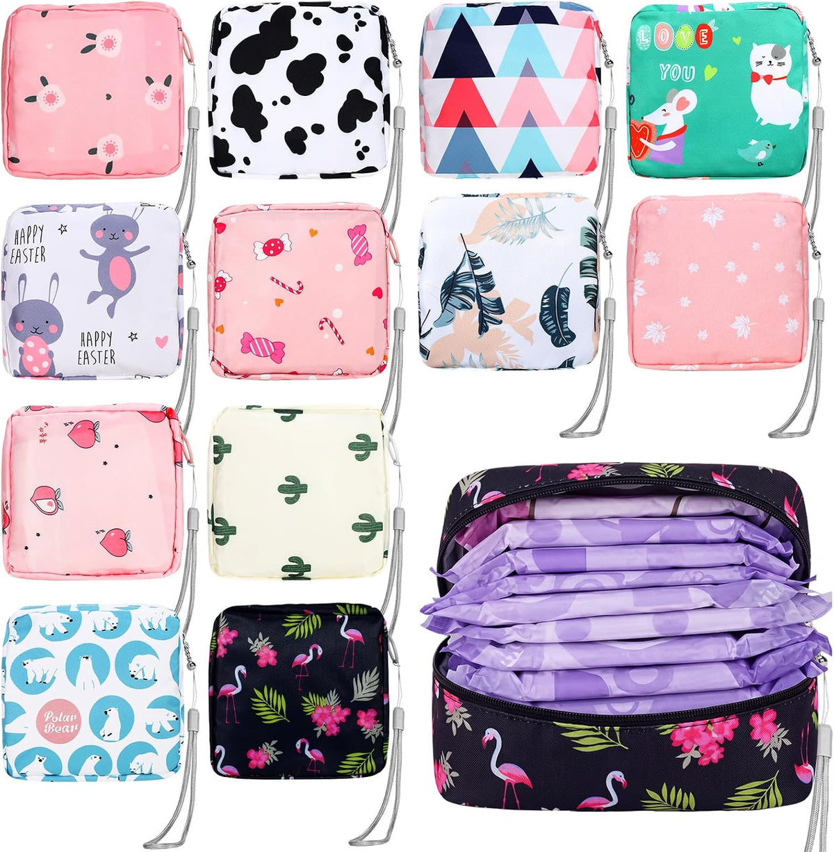 Paterr 12 Pcs Sanitary Napkin Storage Bag Set Portable Period Pouch with Lanyard for Menstrual Pad Bags Back to School First Period Gift for Teen Girls(Chic Style)