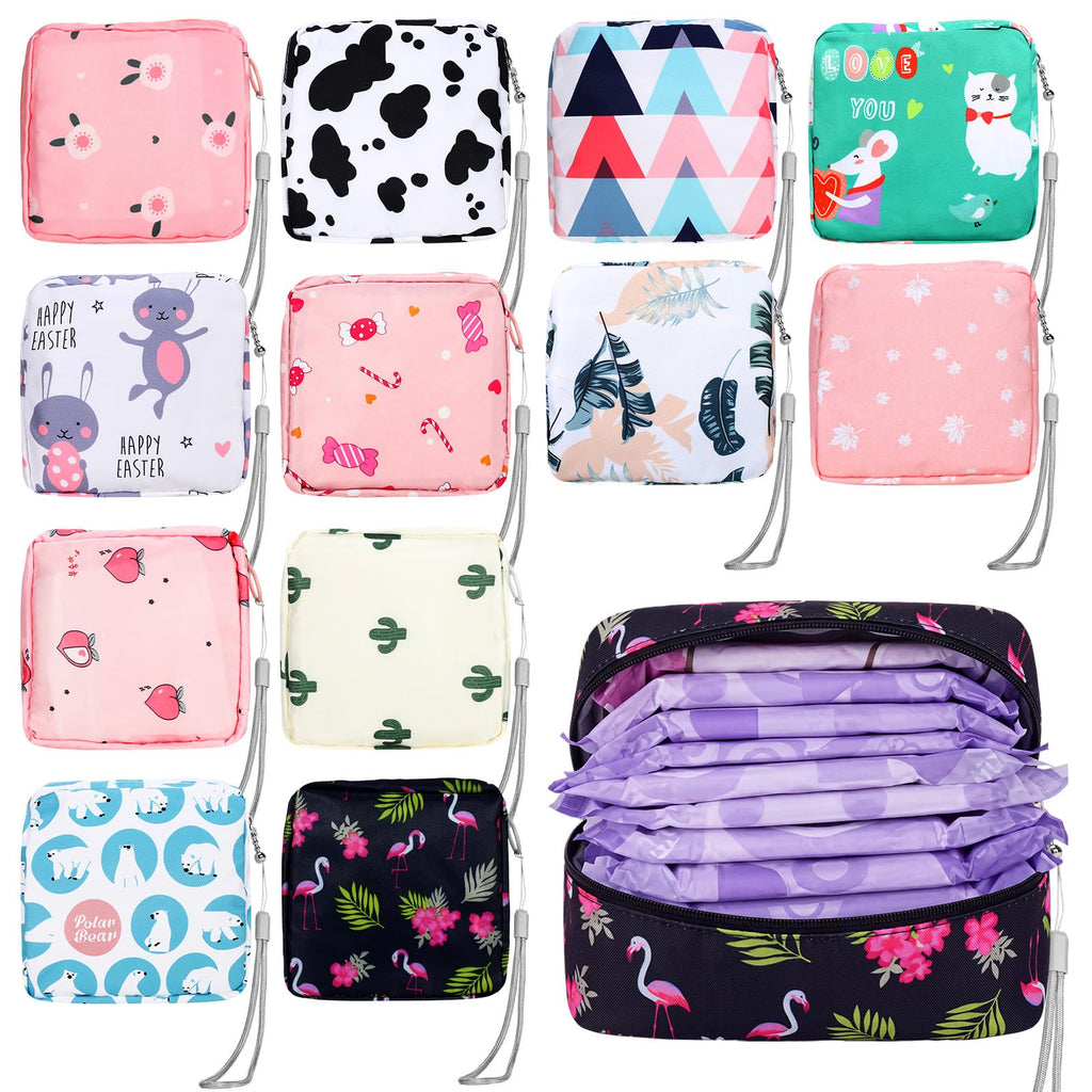 Paterr 12 Pcs Sanitary Napkin Storage Bag Set Portable Period Pouch with Lanyard for Menstrual Pad Bags Back to School First Period Gift for Teen Girls(Chic Style)