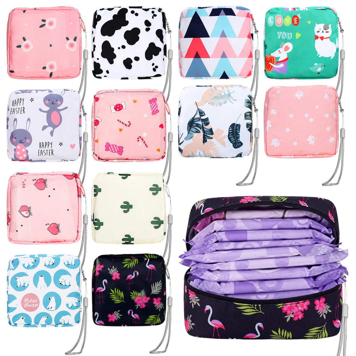 Paterr 12 Pcs Sanitary Napkin Storage Bag Set Portable Period Pouch with Lanyard for Menstrual Pad Bags Back to School First Period Gift for Teen Girls(Chic Style)