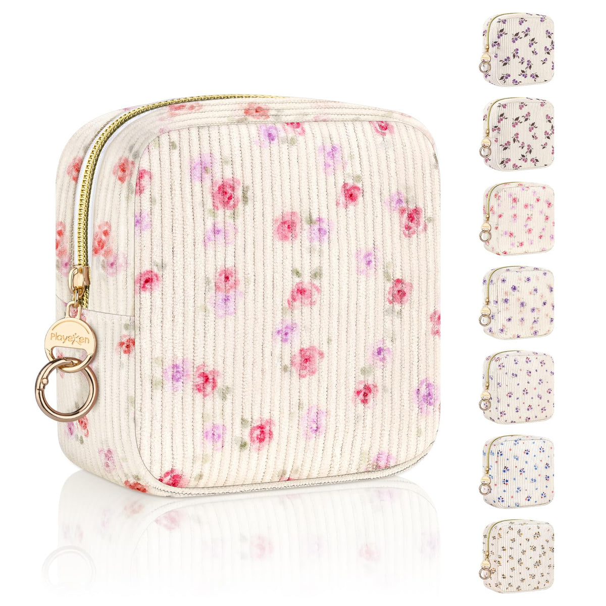 Floral Period Bag, Small Period Pouches for Teen Girls, Quilted Sanitary Napkin Storage Bag, Compact Discreet Pad and Tampon Holder for Purse (Floral-Blue)