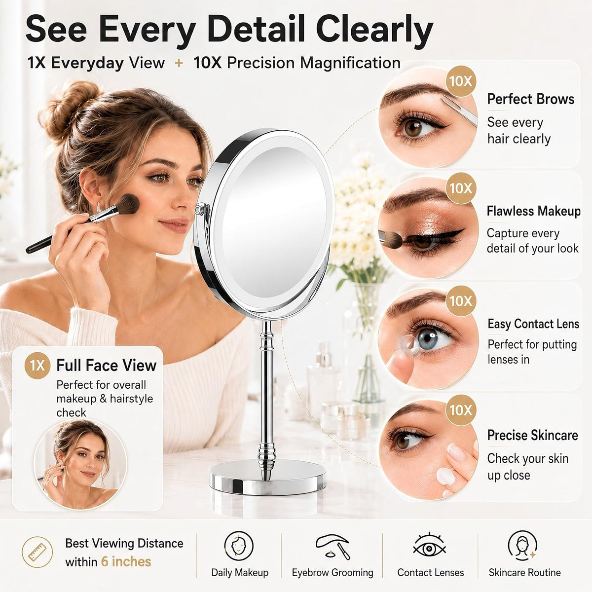 DEIOVWXS Makeup Mirror, Rechargeable Vanity Mirror with 3 Lights, 1X/10X