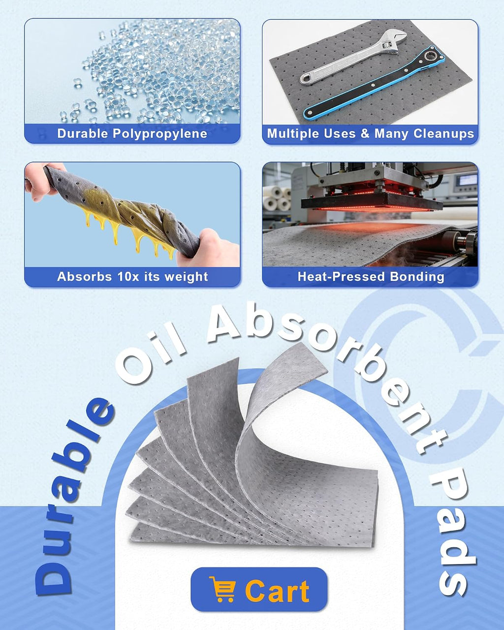 9.8"x13" Oil Absorbent Pads 100 Pack | Heavy & Fast Absorb