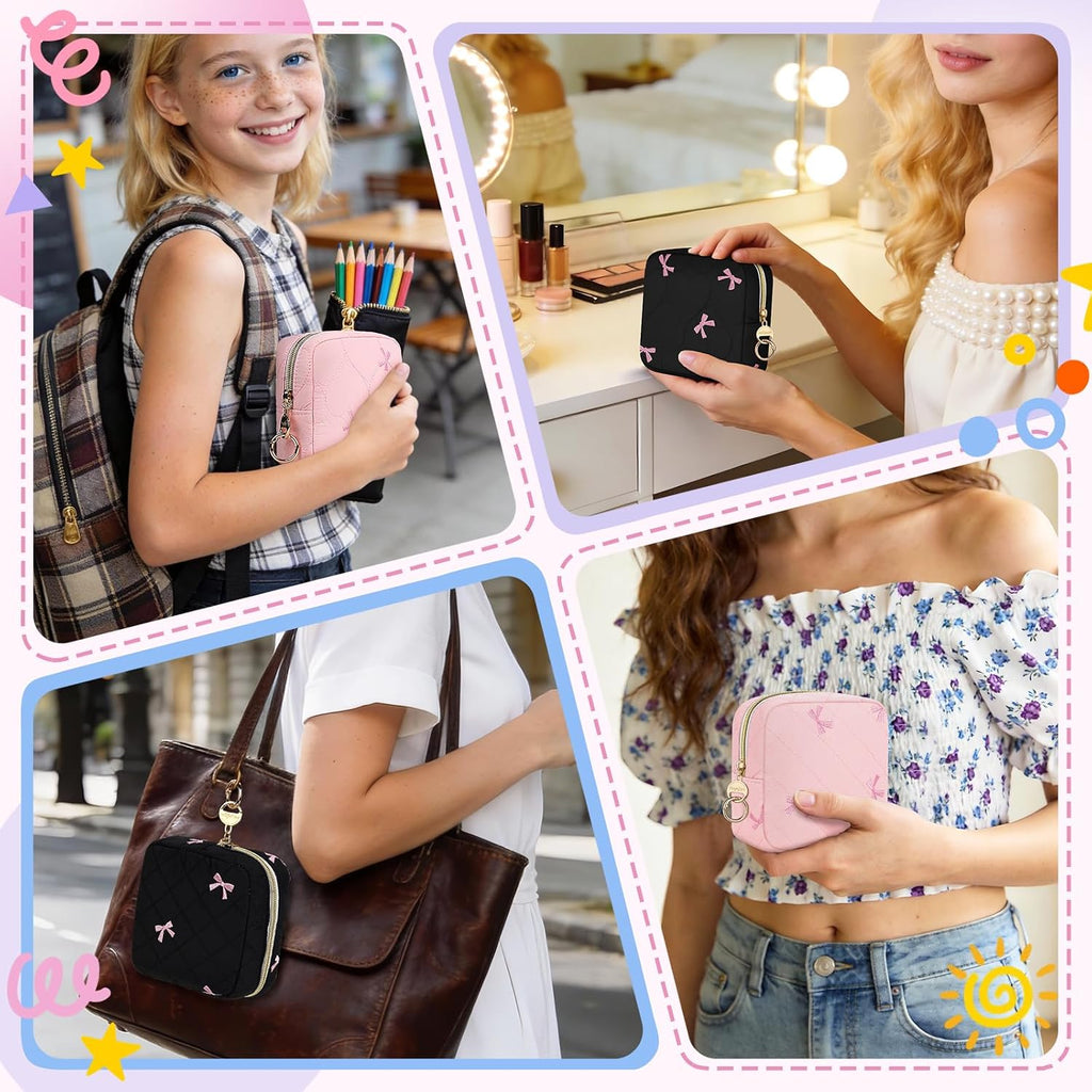 Quilted Period Bag with Cherry Keychain, Small Period Pouches for Teen Girls, Cute Sanitary Napkin Storage Bag, Bow Compact Discreet Pad and Tampon Holder for Purse (Plaid-Pink)