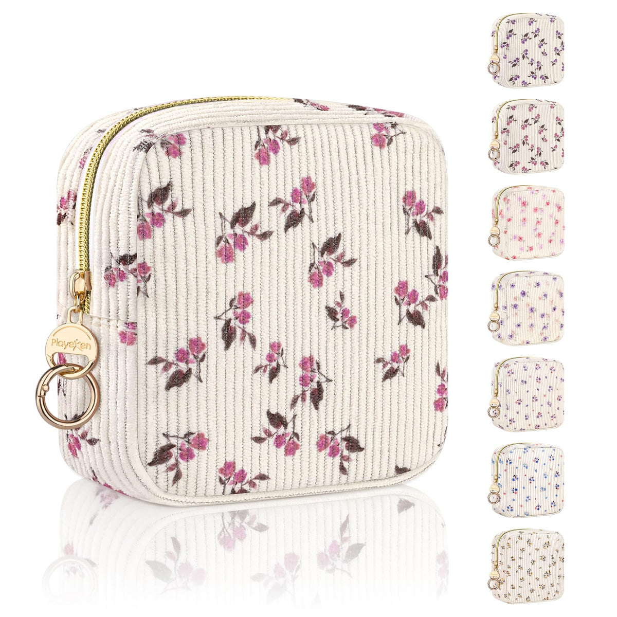 Floral Period Bag, Small Period Pouches for Teen Girls, Quilted Sanitary Napkin Storage Bag, Compact Discreet Pad and Tampon Holder for Purse (Floral-Blue)