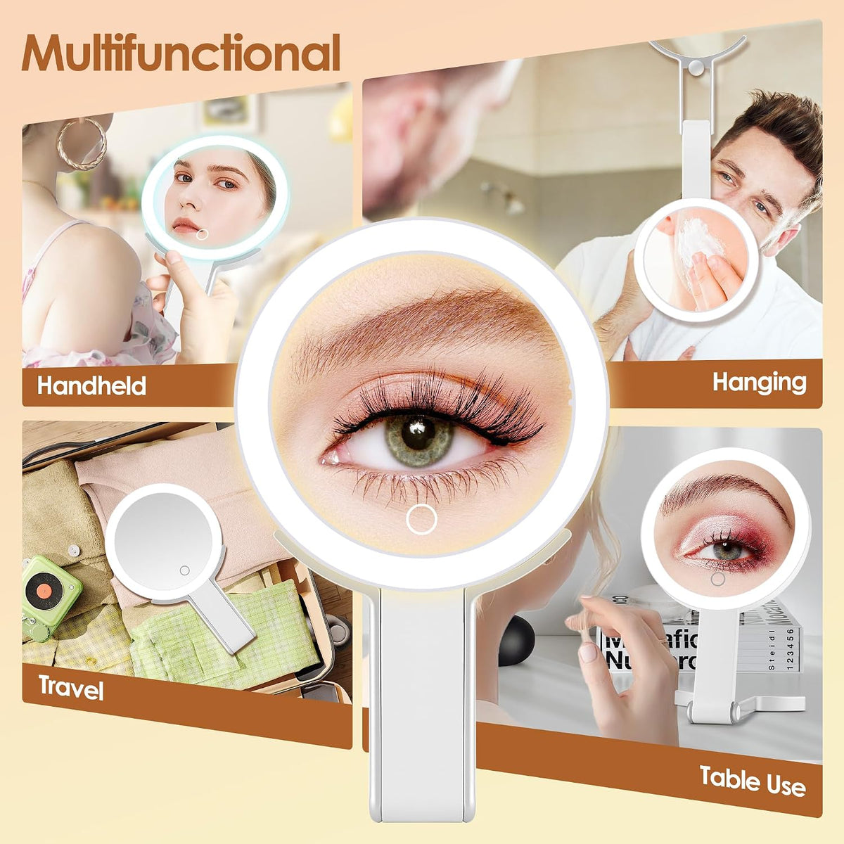 MIYADIVA Travel Makeup Mirror with Lights, Height Adjustable 30X/1X Double-Sided Magnifying Mirror, Portable Vanity Mirror with Tweezers, Handheld Tabletop Hanging, White