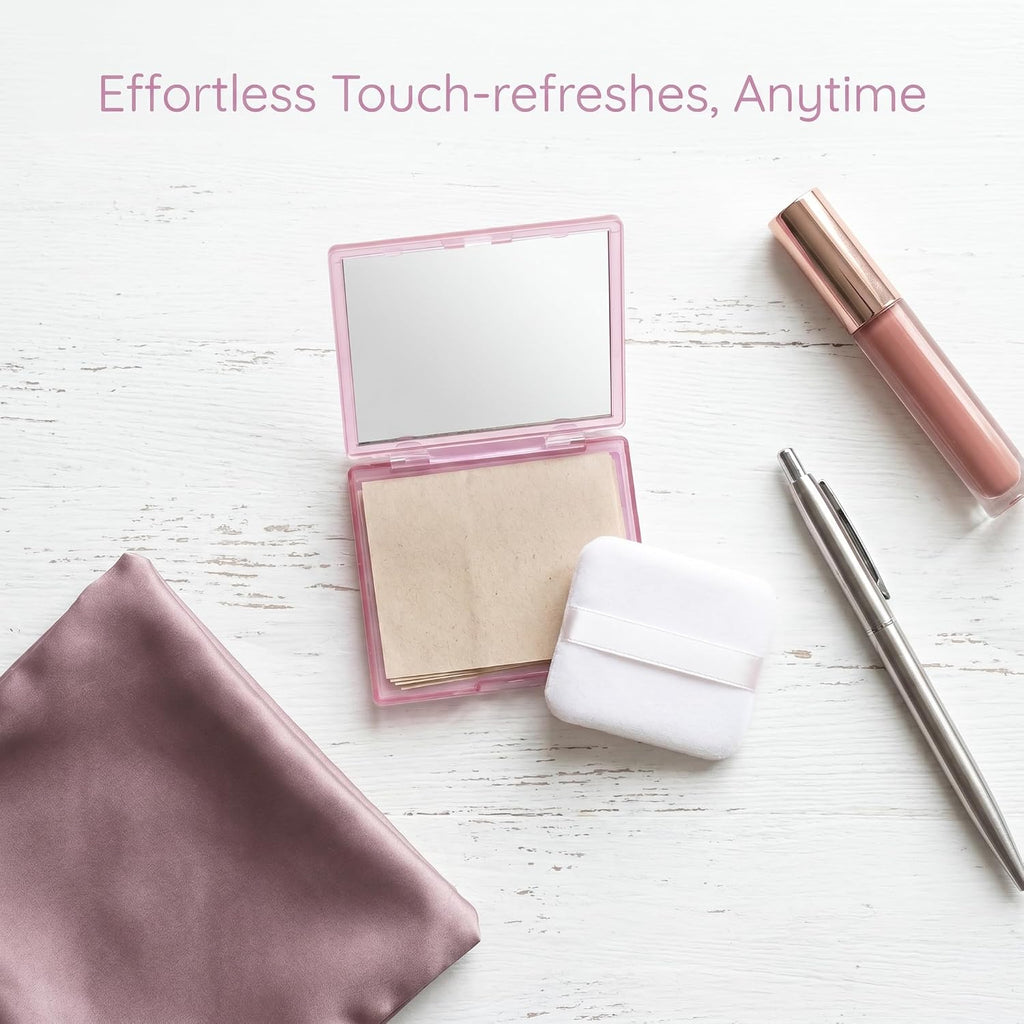 SYNTHORA Oil Blotting Papers for Face, 100 Sheets Oil Absorbing Blotting Paper with Mirror & Puff, Linen Fiber Shine Control Sheets, Makeup Friendly Portable Oil Control for Oily Skin(Purple)