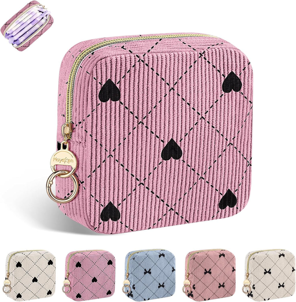 Corduroy Period Bag, Small Period Pouches for Teen Girls, Cute Sanitary Napkin Storage Bag, Compact Discreet Pad and Tampon Holder for Purse (Pink Hearts)