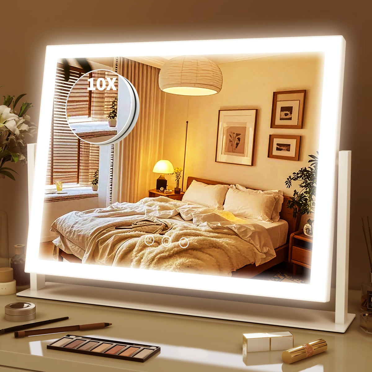 ROLOVE 8x10 Inch Lighted Vanity Mirror, 3-Color Dimmable LED Lighting & Touch Control, Portable Makeup Mirror with U-Bracket for Travel/Dressing Room (White)