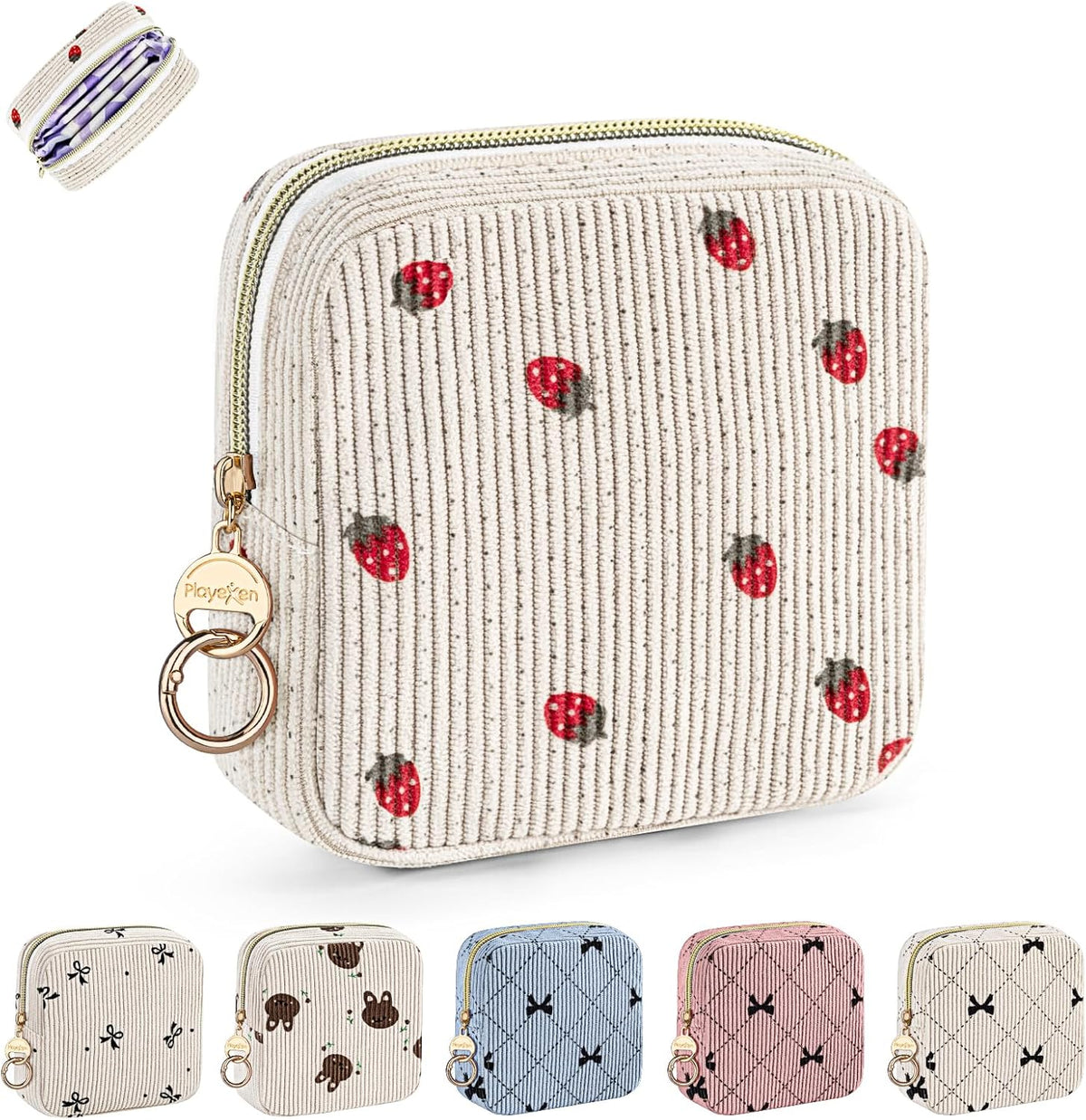 Period Bag for Teen Girls, Corduroy Sanitary Napkin Pouch, S-Beige