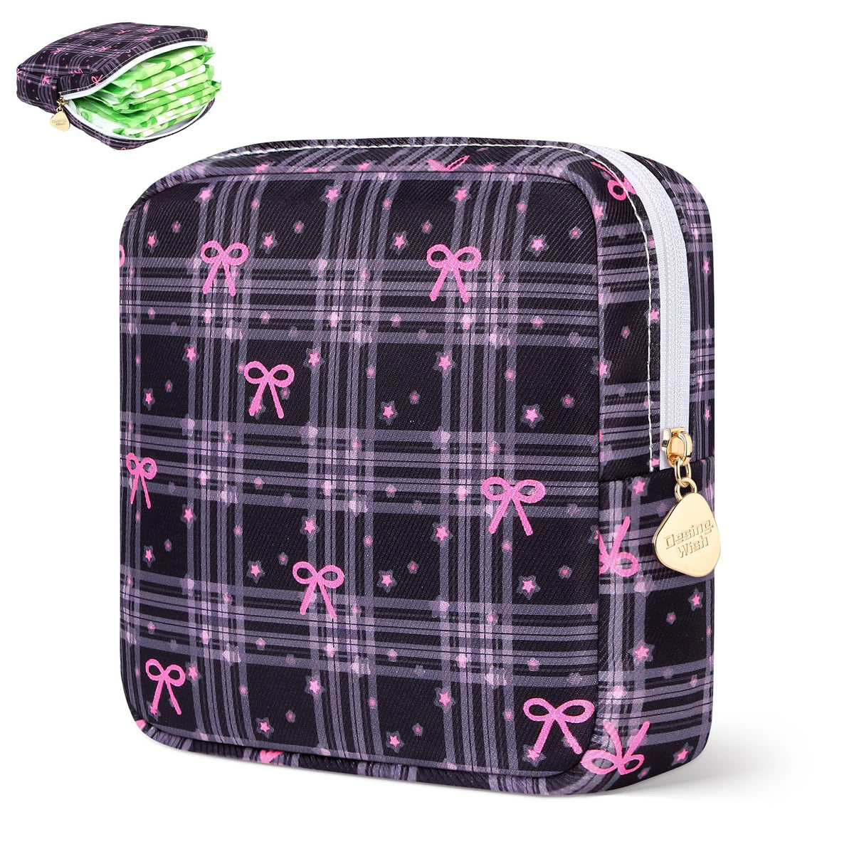 Sanitary Pad Storage Bag Portable Period Bag for Teen Pads/Sanitary Napkins/Small Tampons, Sanitary Napkin Storage Bag First Period Gifts for Teen Girls (Purple Hearts)